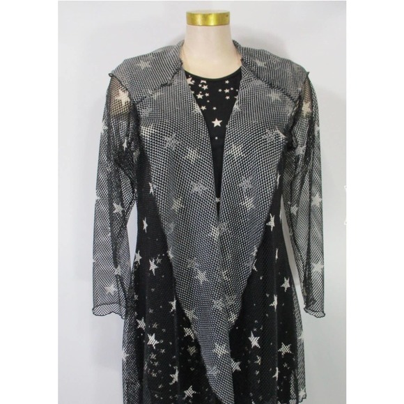 Vine Street Black and White Star Long Sleeve Mesh Hoodie Cover Up, Size S - Picture 1 of 6
